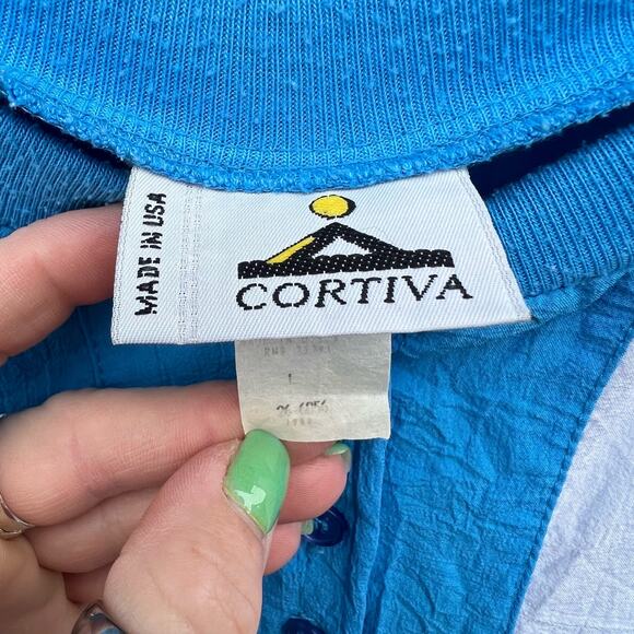 Vint. 80s Cortiva Color Block Blue Yellow Green White Batwing Windbreaker Blouse - Picture 4 of 6